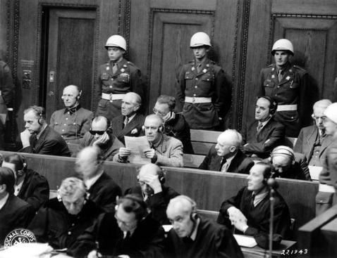 Defendants at the Nuremberg War Crimes Tribunal. Public Domain.
