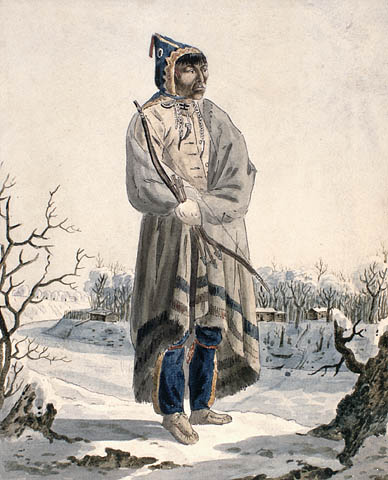 File:Individual of the Sautaux First Nation, standing in a winter landscape, wearing a winter cape, and holding a bow and arrows.png