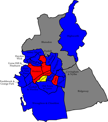 Map of the results of the 2007 Swindon council election. Conservatives in blue, Labour in red and Liberal Democrat in yellow. Wards in grey were not contested in 2007. Swindon 2007 election map.png