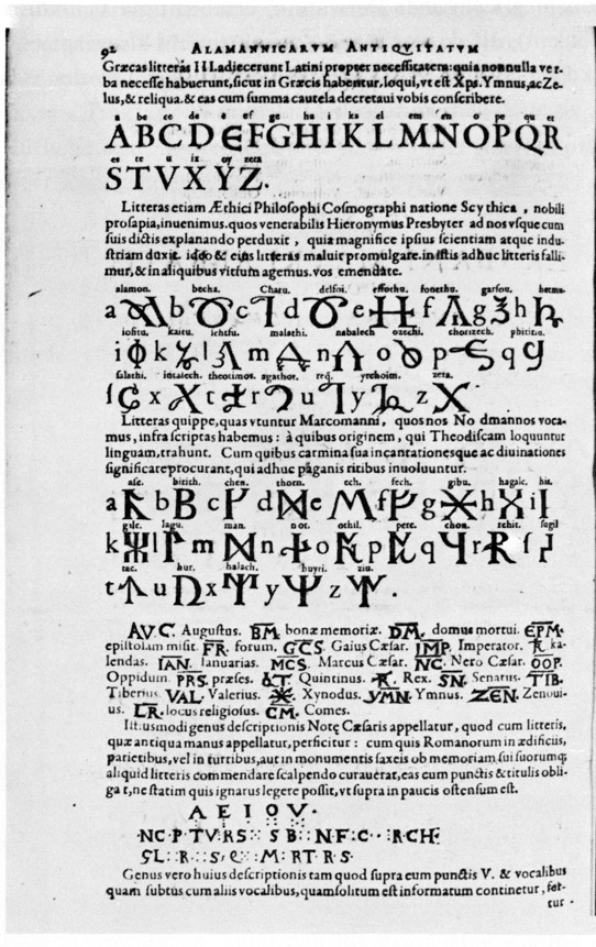 Une page des ''Alemannicarum rerum scriptores aliquot vetusti''Édition, dans le vol. II, de l'opuscule ''De inventione linguarum ab Hebræa usque ad Theodiscam, et notis antiquis'' attribué à [[Raban Maur