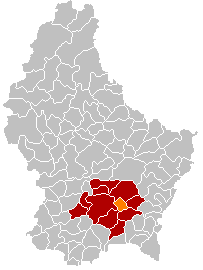Sandweiler markerad med orange på en karta över Luxemburg.