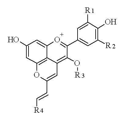 General structure of portosins, with R1 being O-CH3, R2 being O-CH3, OH or H, R3 being glucose, coumaroylglucose or acetylglucose and R4 being catechin, phenol or a procyanidin dimer. Portosins.PNG