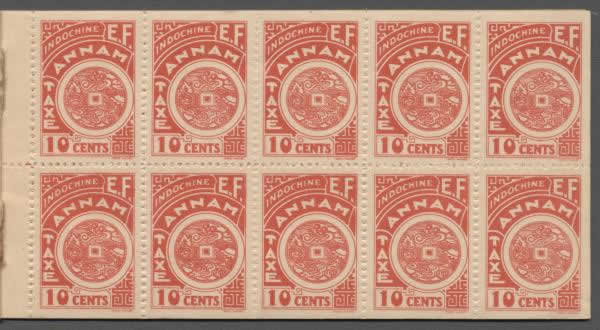 File:Bloc de dix timbres du timbre de taxe locale d'Annam à 10 cents avec  légende EF issu de carnet (timbres non dentelés sur un ou deux côtés).jpg  - Wikimedia Commons