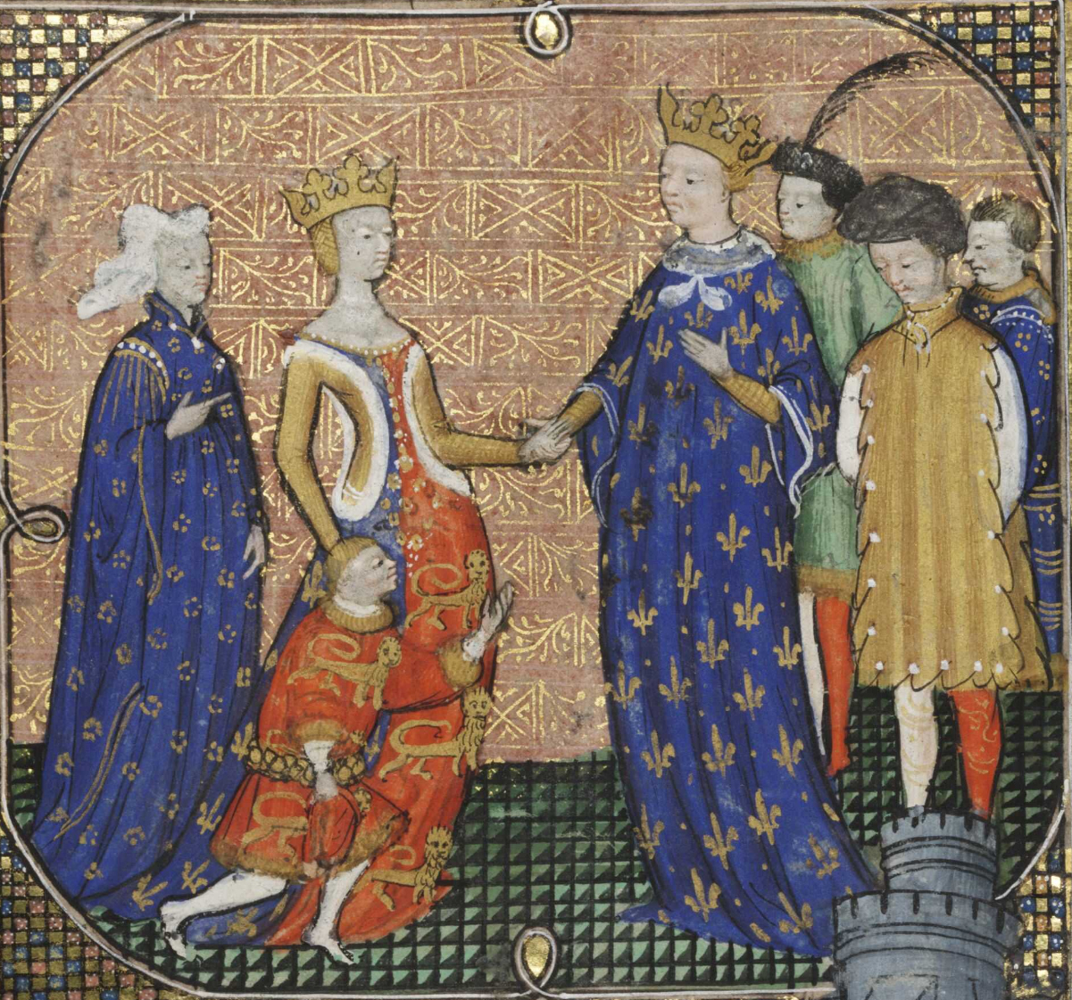 Le futur Édouard III d'Angleterre rendant hommage à Charles IV de France sous l'égide d'Isabelle de France, mère d'Édouard et sœur de Charles, en 1325. Enluminure du XVe siècle.