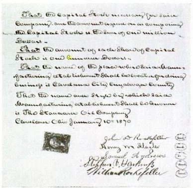 Standard Oil Articles of Incorporation signed by John D. Rockefeller, Henry M. Flagler, Samuel Andrews, Stephen V. Harkness, and William Rockefeller