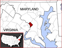 Location of Washington, D.C., in relation to the states Maryland and Virginia