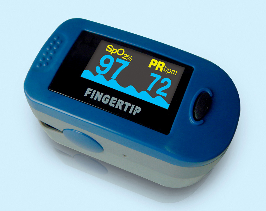 Blue pulse oximeter used to measure blood oxygen levels