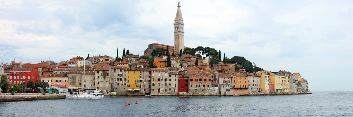 Sea encircling colourful old houses of Rovinj on the Istrian Peninsula.