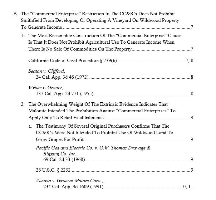 Sample table of Points and Authorities.  This example shows the citations in order of their appearance under each section of the Table of Contents.