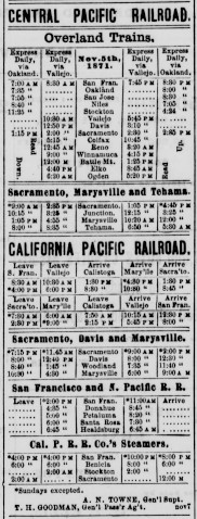 Nov 1871 Timetable of Central Pacific, after it gained control of California Pacific on 1 Sept 1871 1871-11 CPRR Ad Marysville Daily Appeal.jpg