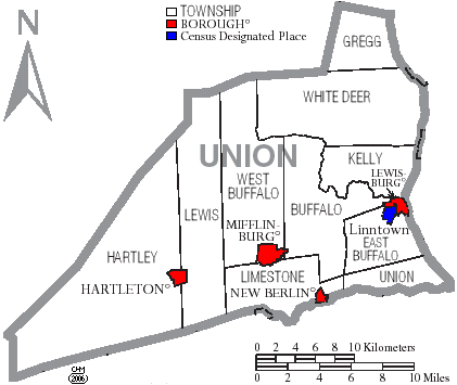 Map of Union County, Pennsylvania with municipal labels showing boroughs (red), townships (white), and census-designated places (blue)