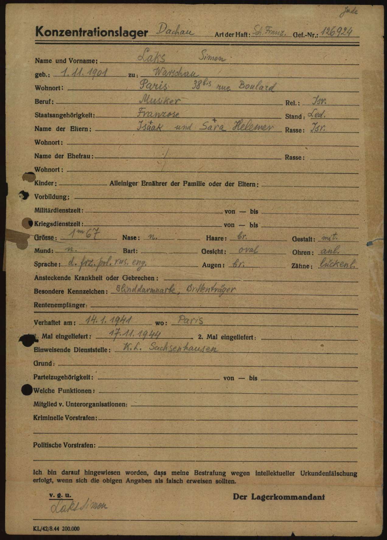 Registration form of Simon Laks as a prisoner at Dachau Nazi Concentration Camp