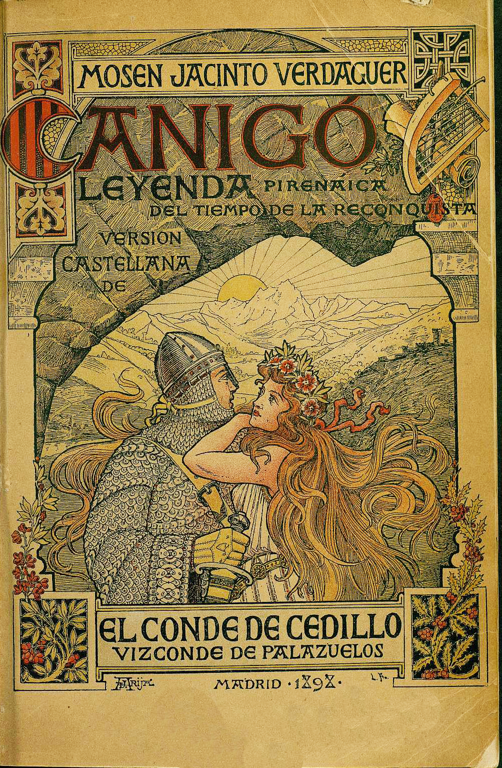 Portada de una edición madrileña en castellano de Canigó (1898), obra del dibujante José Arija.