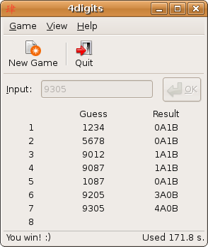 4digits, an open source version of bulls and cows. This software uses "A" to denote "bulls" (digit in the correct position) and "B" to denote "cows" (digit in the wrong position). 4digits 0.4 screenshot.png