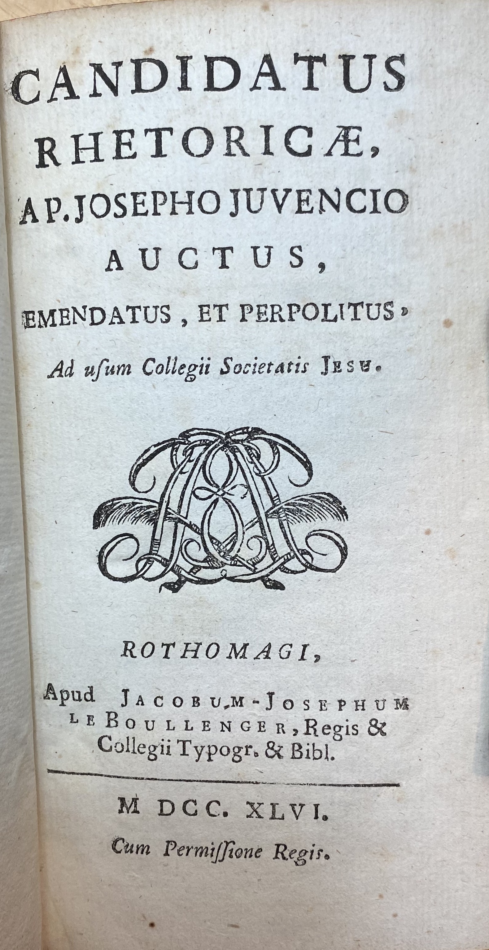 Title page of Jouvancy's "Candidatus Rhetoricæ", 1746 edition printed in Rouen.