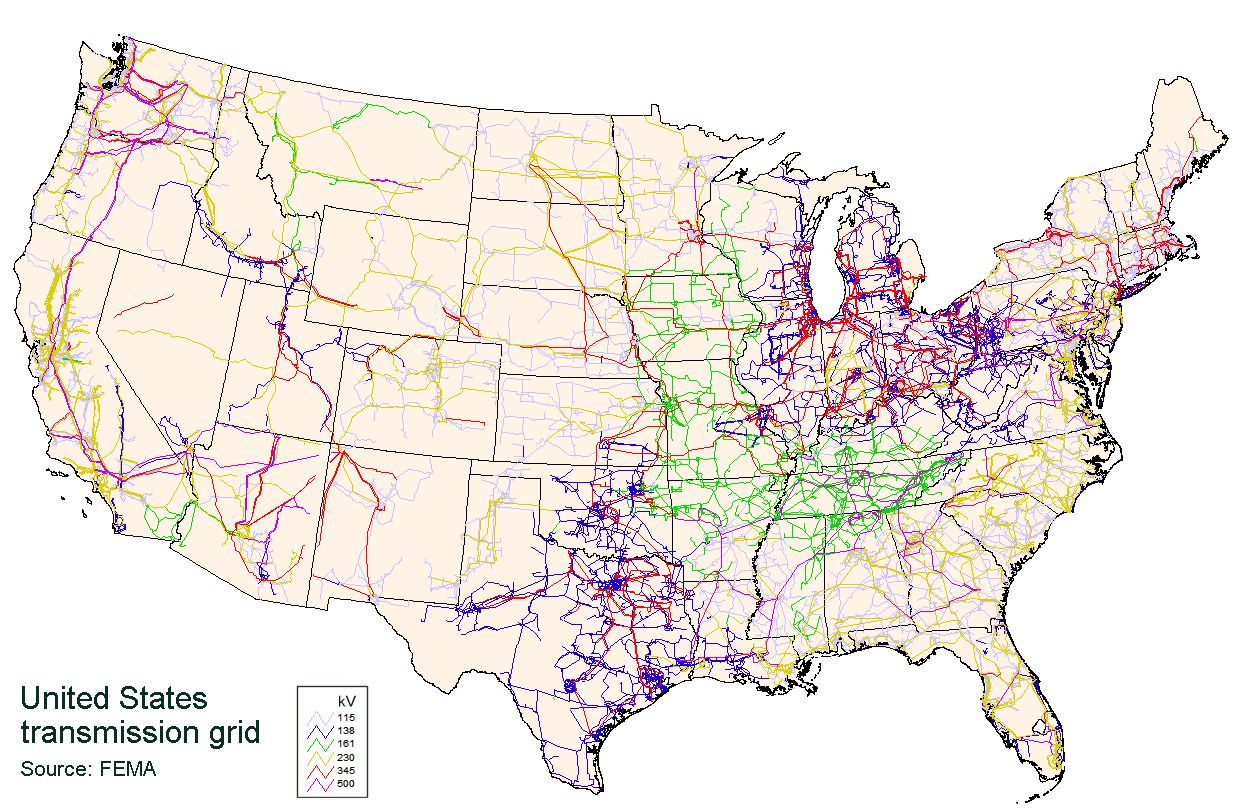 Map of the United States showing the transmission grid.