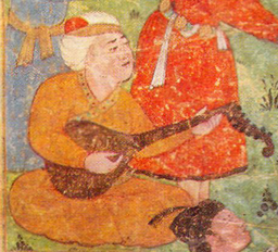 Detail of Barbad playing the barbat for Khosrow II. Imaginary painting by Muhammad-Mukim, 1664 BarbadPahlbod.jpg