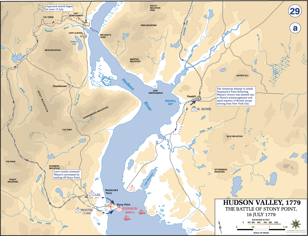 A map showing the approach by Wayne's force to Stony Point.