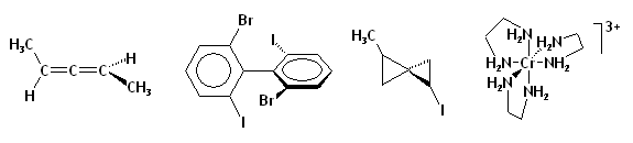 Exemplos de moléculas quirais que não são baseadas no átomo de carbono tetravalente.