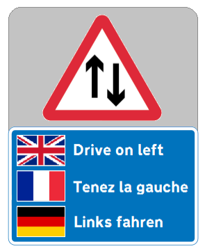 In the left picture. Drive on left sign. Irish Drive on the left.