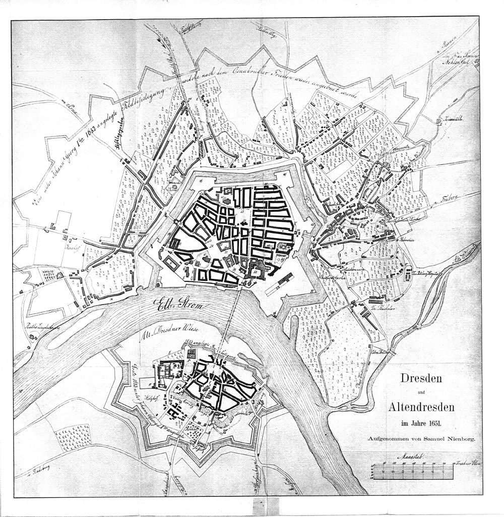 Samuel Nienborg (um 1615–1681): Dresden und Altendresden im Jahre 1651, aus: Otto Richter: Verwaltungsgeschichte der Stadt Dresden, zweite Abteilung; mit einem Stadtplane