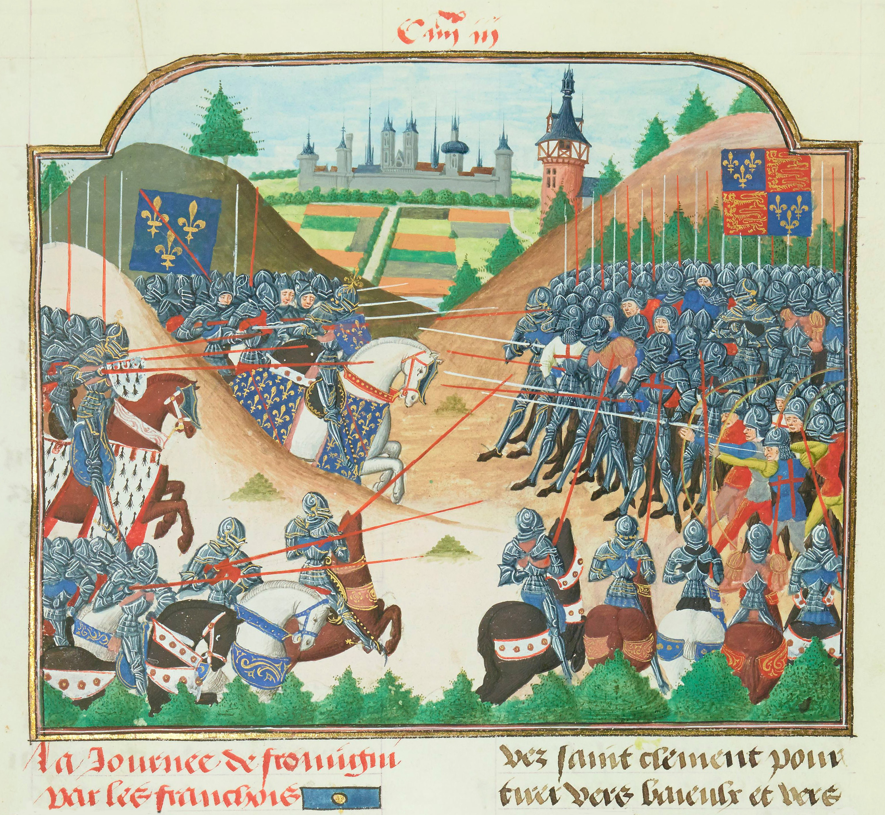 Bataille de Formigny (1450), Miniature attribuée à Philippe de Mazerolles tirée d'un manuscrit de Jean Chartier, BNF, Fr.2691.