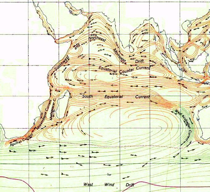 Corrente da Somália ao largo da costa da Somália no contexto do Giro do Oceano Índico durante o verão (norte).  A corrente circular a leste do Chifre da África é conhecida como o Grande Redemoinho