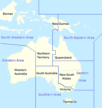 Karte von Australien mit Staatsgrenzen, wobei die Befehlsgrenzen des RAAF-Gebiets überlagert sind