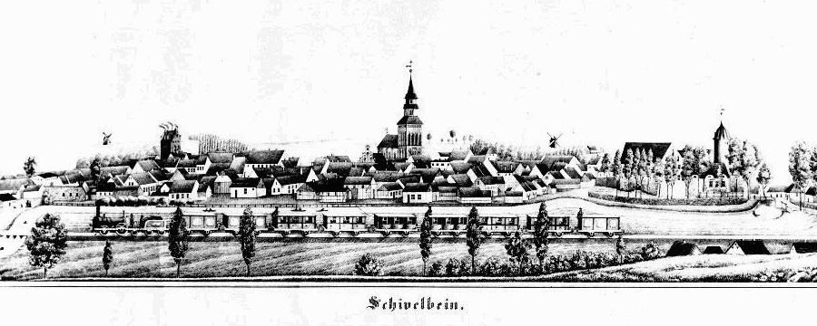 Schivelbein about 1860, with the new railway line to [[Stargard