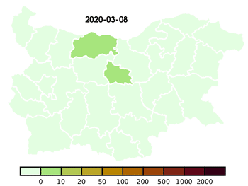 Animated map of the total detected cases of COVID-19 per 100000 inhabitants in the Bulgarian provinces