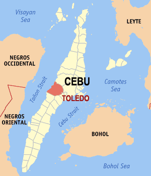 Mapa sa Sugbo nga nagpakita kon asa nahimutang ang Dakbayan sa Toledo