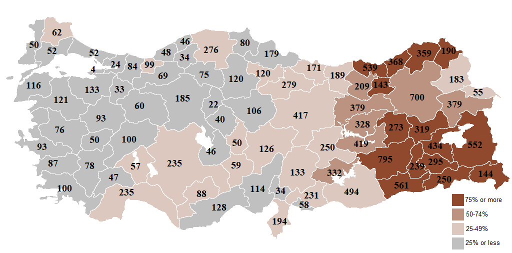 Number of geographical name changes from 1916 onwards per Turkish province with color-coded percentages