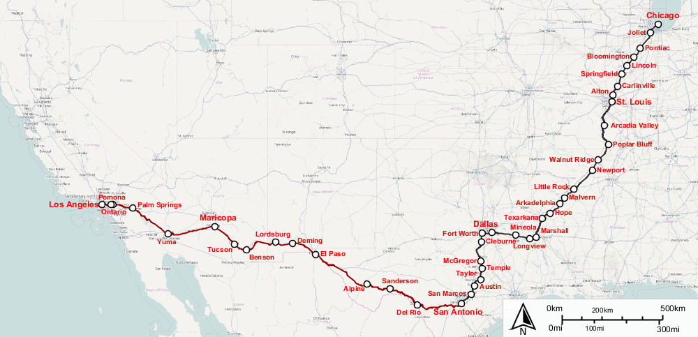 Mapa trasy Texas Eagle (wikipedia.com, jkan997, CCA SA 3.0 Unported)
