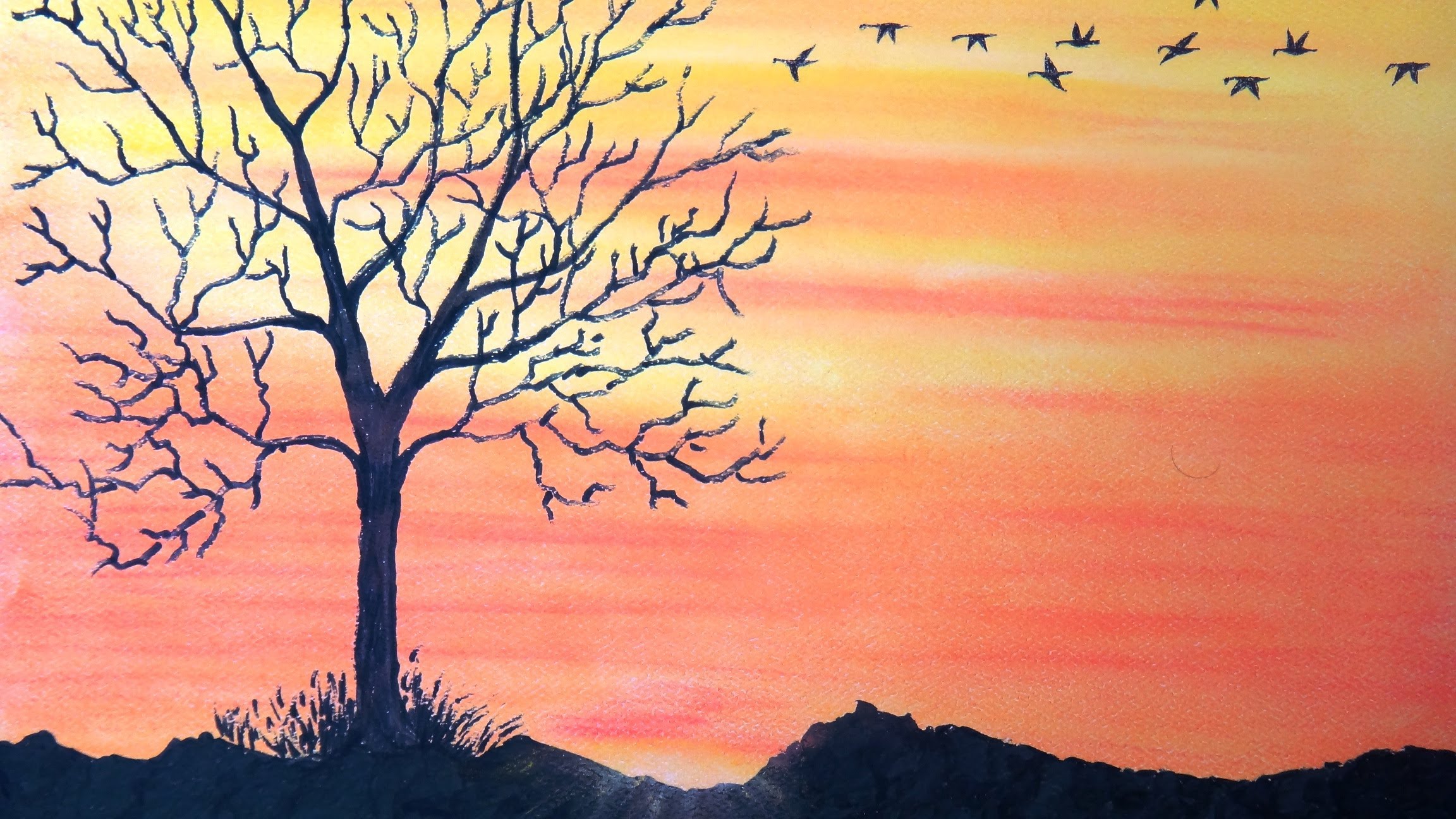 simple sunset landscape drawing