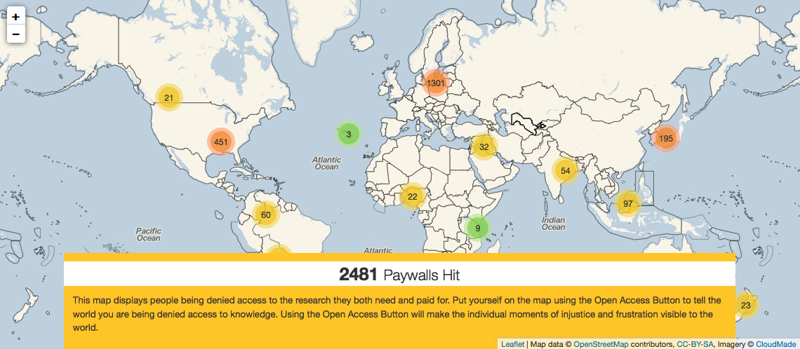 The image shows a map which highlights the places where research has been noted as sitting behind a paywall