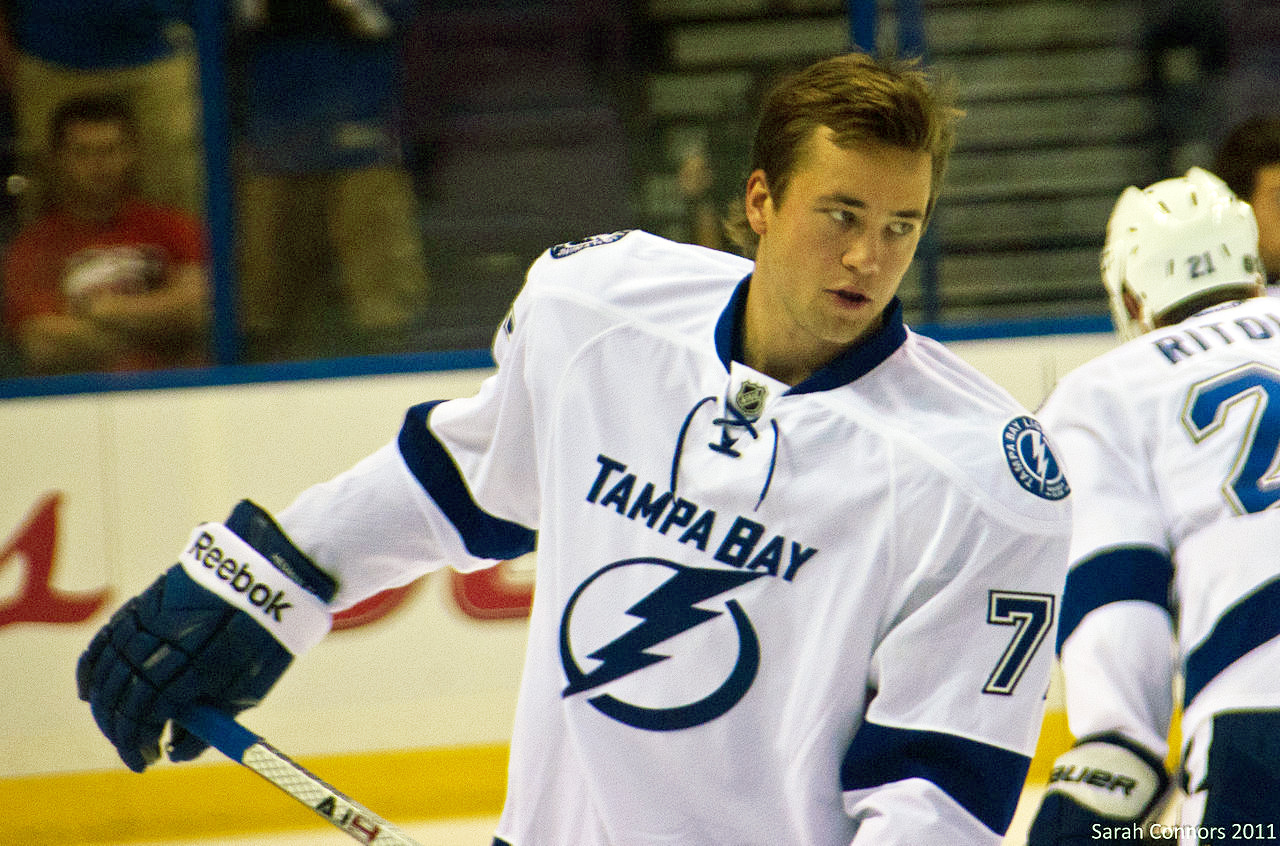 Tampa Bay Lightning D Victor Hedman on ice for warmups 