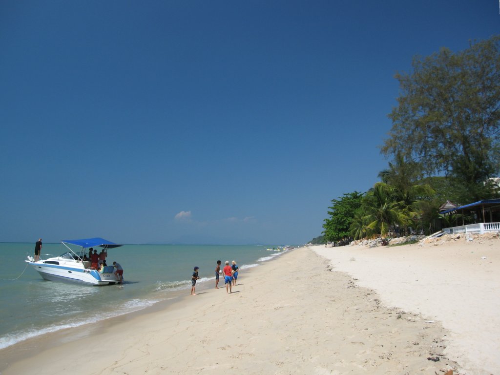 White sand tree-lined beach and a motorboat in the sea.