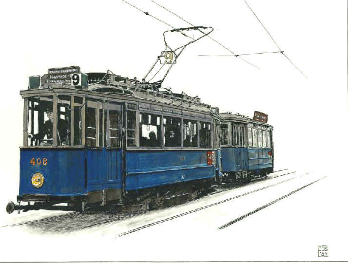 A twin axle tram in 1929; this tram type was used until 1968.