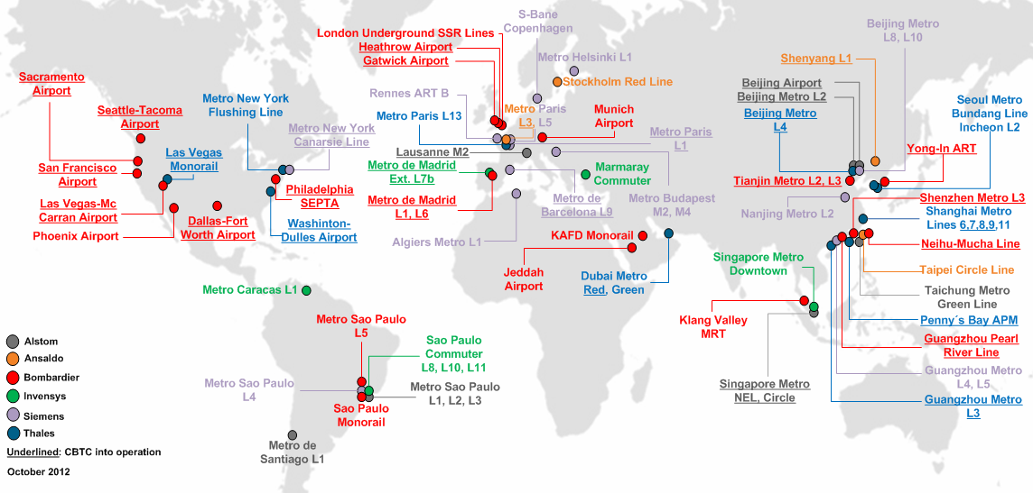 Radio-based CBTC moving block projects around the world. Projects are classified with colours depending on the supplier; those underlined are already into CBTC operation.[note 1]