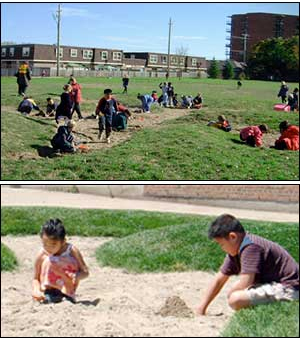 A natural playground sandbox provides a place for passive and creative play