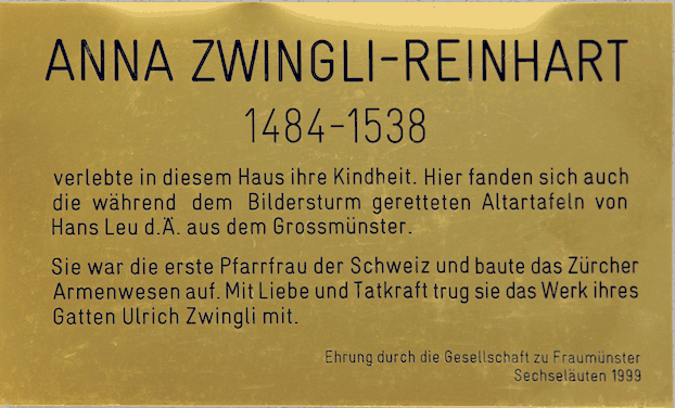 Gedenktafel von Anna Zwingli-Reinhart an der Schifflände 30, Zürich