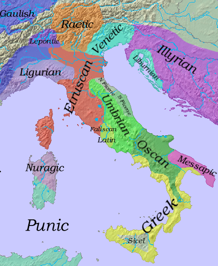 Main linguistic groups in Iron-Age Italy and the surrounding areas. Some of those languages have left very little evidence, and their classification is quite uncertain. The Punic language brought to Sardinia by the Punics coexisted with the indigenous and non-Italic Paleo-Sardinian, or Nuragic.