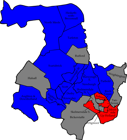 Map of the results of the 2006 West Lancashire council election. Conservatives in blue and Labour in red. Wards in grey were not contested in 2006. West Lancashire 2006 election map.png