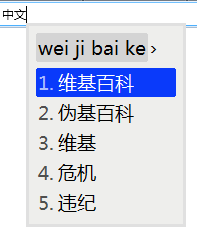 Interface of a Pinyin input method, showing the need to choose an appropriate word out of a list of options. The word typed is "Wikipedia" in Mandarin Chinese, but the options shown include (from top to bottom) Wikipedia, Uncyclopedia, Wiki, Crisis, and Rules Violation.