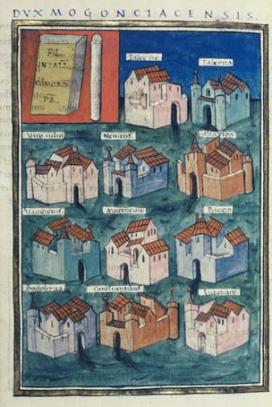 The eleven prefectures of the Duke of Mainz in the Notitia Dignitatum. Castle Vangionis is the 2nd up from the bottom in the left column.