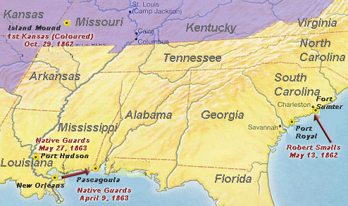 Map of early African-American involvement in the Civil War, including the Skirmish at Island Mound AfricanAmericanCivlWarMap1.jpg