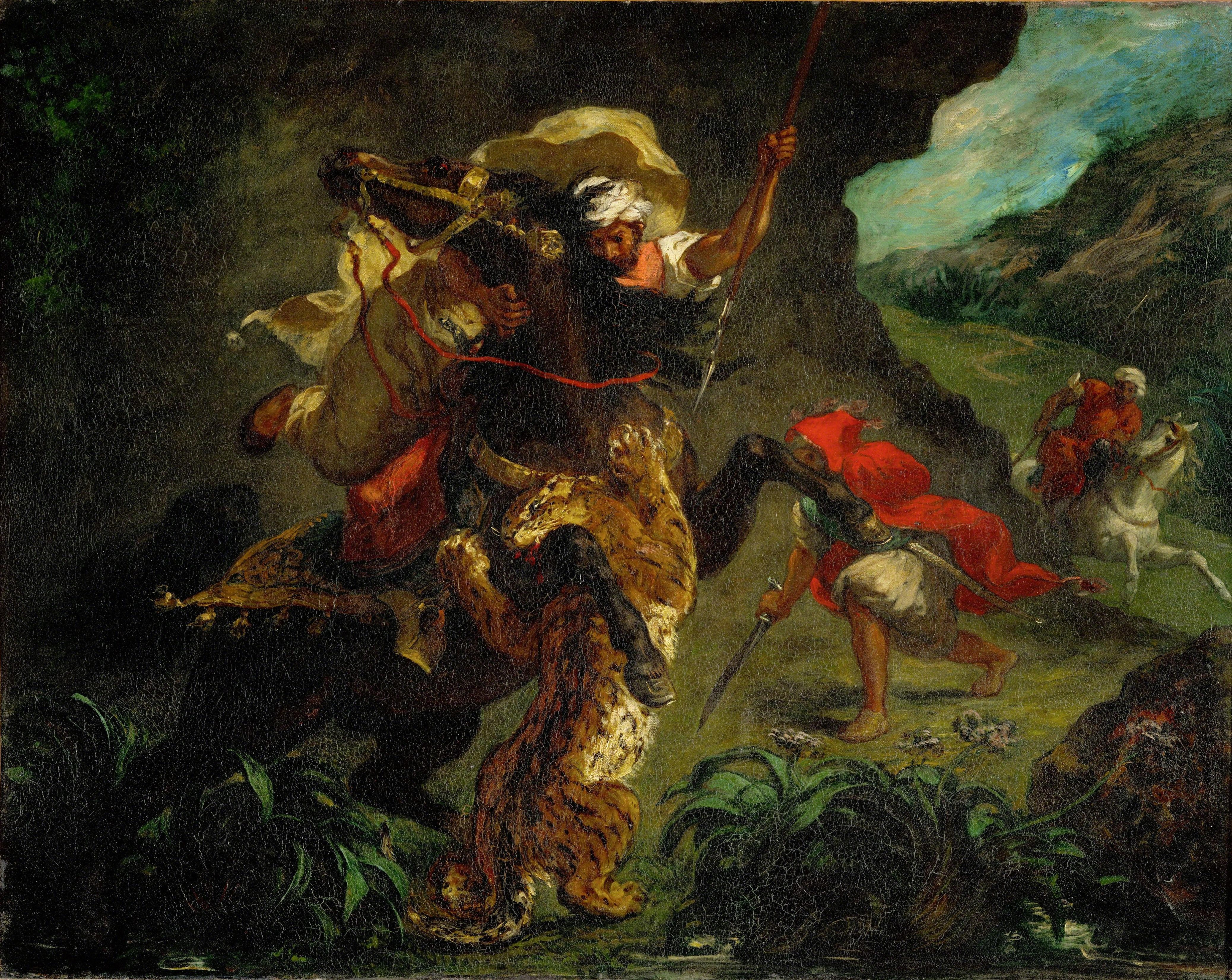 delacroix orientalism: Eugène Delacroix, The Tiger Hunt, 1854, Musée d'Orsay, Paris.