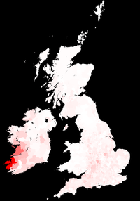 A map of the surname Griffin in the U.K., Ireland and the Isle of Man. Griffin Surname Distribution Map.png