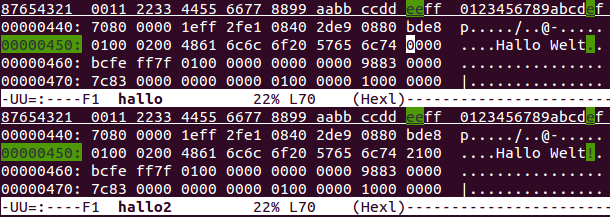 Screenshot Vergleich von hexadezimal Quellcode