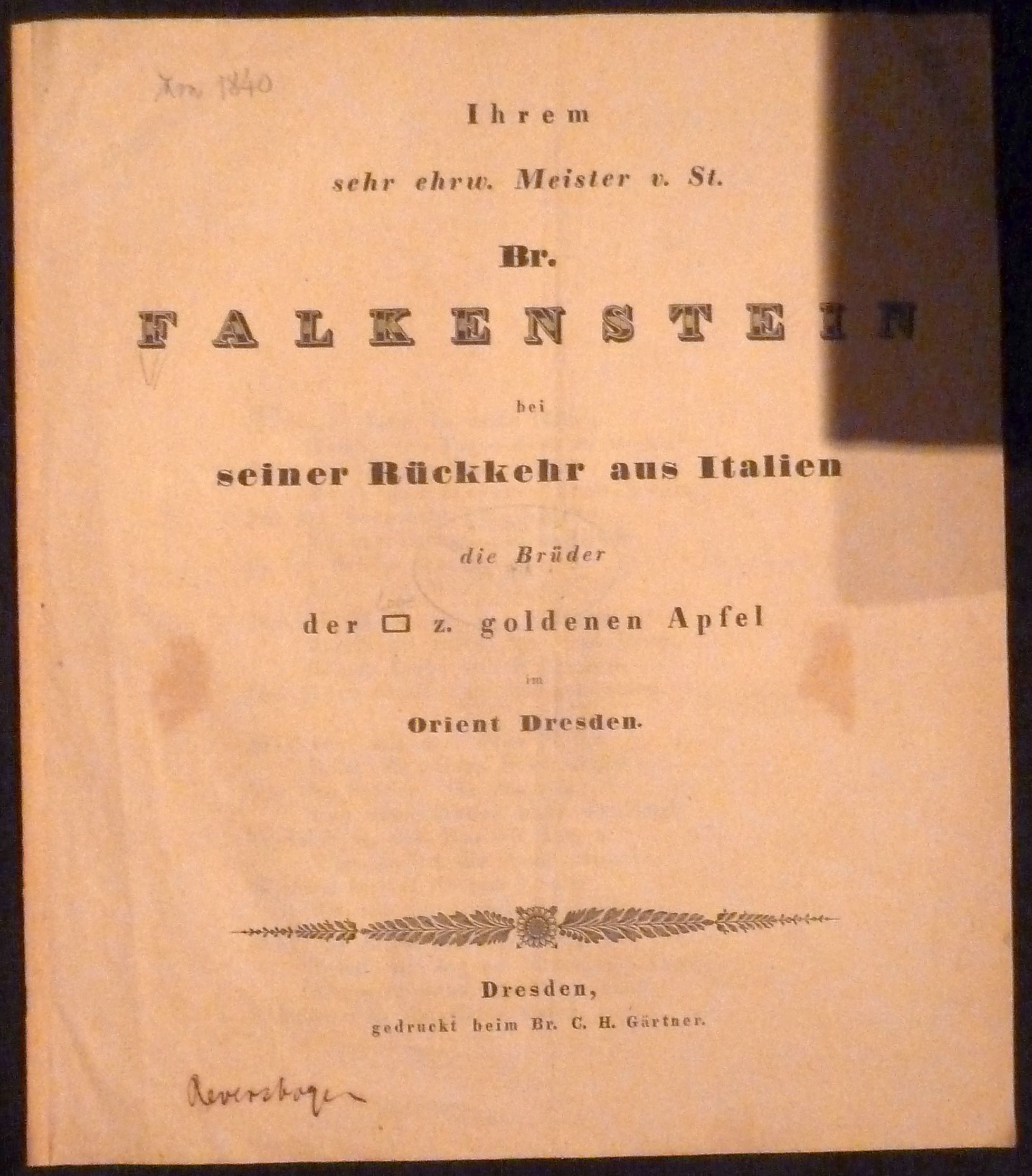 Broschüre der Loge ''Zum Goldenen Apfel'' für Falkenstein